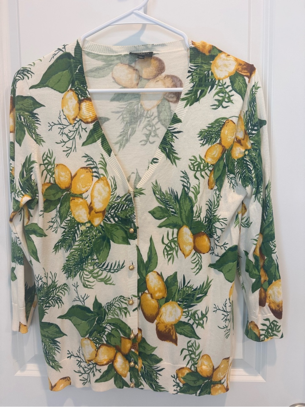 Talbots Cream Lemon-Print V-Neck Cardigan with Green Leaves